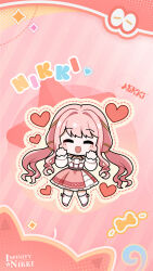 1girl ^_^ belt black_belt blush_stickers bow bow_legwear bra_strap brown_ribbon center_frills chibi choker closed_eyes dotted_line frilled_skirt frilled_sleeves frills hair_intakes hair_ribbon halftone hands_on_own_cheeks hands_on_own_face heart highres infinity_nikki kneehighs layered_skirt long_hair long_sleeves low_twintails medium_skirt nikki_(nikki) nikki_(series) off-shoulder_shirt off_shoulder official_art official_wallpaper open_mouth outline perfect_start_(infinity_nikki) pink_background pink_bow pink_choker pink_hair pink_shoes pink_skirt pleated_skirt puffy_long_sleeves puffy_sleeves ribbon second-party_source shirt shoes sidelocks skirt smile socks solo standing star_(symbol) striped_background tress_ribbon twintails very_long_hair wavy_hair white_shirt white_skirt white_socks yellow_outline