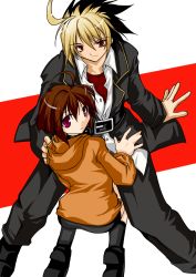 1boy 1girl ahoge belt bike_shorts black_hair blonde_hair brown_eyes brown_hair hood hoodie kido_hyde kneeling linne_(under_night_in-birth) looking_at_viewer looking_up multicolored_hair open_clothes open_shirt rukia_(panicgirl) rukiau2606 shirt two-tone_hair under_night_in-birth