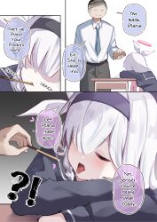 !? 1boy 1girl black_hairband black_serafuku blue_archive bow closed_eyes clover_dot_(clov_erd) desk doodle_sensei_(blue_archive) english_text feeding feigning_sleep food hair_bow hair_over_one_eye hairband halo heart highres loli one_eye_covered open_mouth plana_(blue_archive) pocky red_halo saliva saliva_trail school_desk school_uniform sensei_(blue_archive) serafuku sleep_talking sound_effects speech_bubble sweatdrop tongue tongue_out twitter white_bow white_hair