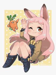 1girl ;3 absurdres animal_ears black_boots blunt_bangs blush boots borrowed_character bow bowtie brown_eyes brown_jacket carrot commentary english_commentary full_body gift_art hand_up highres jacket long_hair long_sleeves looking_at_viewer making-of_available one_eye_closed original pink_hair porforever rabbit_ears rabbit_girl simple_background smile solo very_long_hair yellow_bow yellow_bowtie