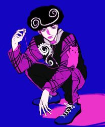 black_hair black_pants blue_background blue_boots boots colored_skin high_collar highres jojo_no_kimyou_na_bouken jojolion multicolored_hair multicolored_pants pants pink_headphones purple_eyes purple_pants purple_sleeves rrrrmiuh squatting stuffed_animal stuffed_toy teddy_bear tooru_(jojolion) white_hair white_skin