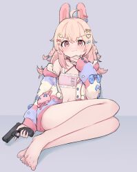 1girl absurdres ahoge animal_ears barefoot blush bow braid closed_mouth ear_bow feet full_body glock gun hair_bow handgun hat_ornament highres holding holding_gun holding_weapon jacket legs long_hair long_sleeves looking_at_viewer lyrinne nail_polish navel off_shoulder phase_connect pipkin_pippa pipkin_pippa_(1st_costume) rabbit_ears red_eyes simple_background sitting solo star_(symbol) star_hat_ornament toenail_polish toenails toes virtual_youtuber weapon