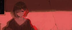 1girl against_wall brown_eyes brown_hair brown_jacket brown_sweater closed_mouth dot_nose goshiki_suzu hair_ornament hairclip higuchi_madoka idolmaster idolmaster_shiny_colors jacket looking_down mole mole_under_eye off_shoulder red_theme shadow shirt short_hair solo sweater swept_bangs upper_body white_shirt