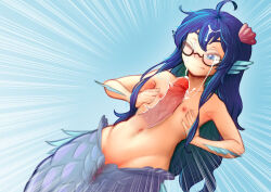 absurdres blue_eyes blue_hair cum cum_on_body drawfag emphasis_lines erection facial fins fuuko_(kazeoceantide) glasses groin head_fins highres mermaid monster_girl multicolored_hair naizuri navel nipples one_eye_closed original paizuri round_eyewear shell_hair_ornament simple_background two-tone_hair