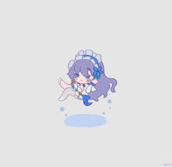 Rule 34 | 1010 (wuthering1100), 1girl, absurdres, artist name, blue eyes, blue flower, breasts, cantarella (wuthering waves), chibi, chibi only, closed mouth, commentary request, dress, earrings, facial mark, floating, flower, garter straps, grey background, hair flower, hair ornament, hand up, headdress, highres, jewelry, large breasts, long hair, looking at viewer, mark under eye, purple hair, shoes, simple background, single thighhigh, smile, solo, thighhighs, white dress, white garter straps, white shoes, white thighhighs, wuthering waves