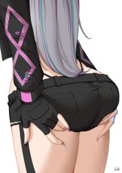 1girl absurdres aqua_hair black_gloves black_jacket black_shorts ember_amane ember_amane_(1st_costume) fingerless_gloves from_behind gifu_100 gloves grabbing_own_ass green_nails highres jacket long_hair phase_connect pocket purple_hair purple_nails safety_pin second-party_source shorts signature solo two-tone_nails virtual_youtuber white_background white_gloves white_hair