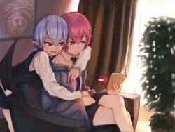2boys anger_vein arm_around_neck black_necktie black_shorts black_vest blue_hair blue_jacket book chair closed_mouth crossed_legs curtains fingernails genderswap genderswap_(ftm) hair_between_eyes hair_ornament heart heart_hair_ornament highres holding holding_book indoors jacket komeiji_koishi komeiji_satori long_sleeves male_focus multiple_boys necktie open_mouth pink_hair plant pointy_ears potted_plant reading red_eyes remilia_scarlet senzaicha_kasukadoki sharp_fingernails shirt short_hair shorts sitting swimsuit third_eye touhou vest white_shirt