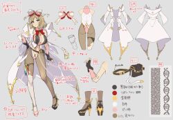 1girl ass asymmetrical_footwear asymmetrical_legwear bare_shoulders belt_pouch black_footwear black_gloves black_pantyhose blonde_hair bow bowtie breasts butterfly_ornament reference_sheet cleavage color_guide concept_art curly_hair english_text fingerless_gloves fingernails frilled_gloves frills full_body gloves gluteal_fold gold_trim green_eyes grey_background hair_bow hair_ribbon haruka_(senran_kagura) high_heels highres lab_coat large_breasts leg_up lemonrou light_brown_hair looking_at_viewer mismatched_footwear mismatched_legwear multiple_views navel notes official_alternate_costume official_art pantyhose pink_bow pink_footwear platform_footwear platform_heels pouch production_art red_bow red_bowtie revealing_clothes ribbon senran_kagura senran_kagura_new_link senran_kagura_shoujo-tachi_no_shin&#039;ei short_hair simple_background single_thighhigh smile standing test_tube thighhighs thighhighs_over_pantyhose turnaround variations vial white_thighhighs yaegashi_nan