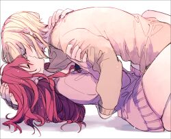 2girls amane_(7783) between_legs blonde_hair blush brown_sweater closed_eyes commentary_request hand_in_another&#039;s_hair hand_on_another&#039;s_head highres ichinose_shiki idolmaster idolmaster_cinderella_girls kiss light_particles long_sleeves miyamoto_frederica multiple_girls purple_sweater red_hair short_hair simple_background sweat sweater tears white_background yuri