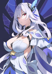1girl breasts detached_sleeves dress ev_(dai00888) genshin_impact hair_ornament halter_dress halterneck highres large_breasts long_hair looking_at_viewer parted_bangs parted_lips red_eyes sidelocks signature skirk_(genshin_impact) solo star-shaped_pupils star_(symbol) symbol-shaped_pupils upper_body very_long_hair white_dress white_hair
