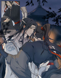 Rule 34 | 2boys, architecture, black hair, black hanfu, blurry, blurry background, chinese clothes, couple, east asian architecture, guqin, hair ribbon, hanfu, headband, high ponytail, highres, hug, inset, instrument case, lan wangji, leaf, long hair, long sleeves, looking at another, male focus, modao zushi, multiple boys, night, outdoors, ponytail, red ribbon, ribbon, robe, ronpu cooing, sash, sidelocks, sky, sleeves past wrists, upper body, wei wuxian, white hanfu, white headband, wide sleeves, xiao guan (headdress), yaoi, yellow eyes