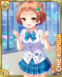 1girl blue_bow blue_skirt bow brown_hair card character_name day gift girlfriend_(kari) indoors kishida_chie official_art open_mouth plaid_clothes plaid_skirt qp:flapper rain shirt skirt smile solo tagme twintails white_shirt yellow_eyes
