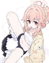 1girl ahoge bike_shorts blue_archive breasts cameltoe halo highres loli natsu_(band)_(blue_archive) natsu_(blue_archive) navel pearlgang_e pink_hair red_eyes sidelocks simple_background small_breasts spread_legs sweat white_background