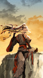 1boy bishounen black_boots black_hair black_hanfu black_nails boots chinese_clothes closed_eyes cloud dizi dusk english_text eyelashes floating_hair flute full_body hair_between_eyes hair_ribbon hanfu high_ponytail highres holding holding_flute holding_instrument instrument long_hair long_sleeves male_focus modao_zushi music outdoors pants playing_flute playing_instrument ponytail red_eyes red_ribbon red_sash ribbon rock sash sidelighting sidelocks sitting sky solo star_(sky) starry_sky tassel transverse_flute twitter_username very_long_hair wei_wuxian wide_sleeves wind ykmr_(haga)