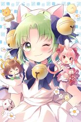 3girls animal_ears animal_hat apron bare_shoulders bell blush bow brown_hair cat_ears cat_hat cat_tail chibi closed_eyes commentary dejiko di_gi_charat di_gi_charat_(1999) dice dice_hair_ornament dress gema gloves green_eyes green_hair hair_bell hair_bow hair_ornament hat henna_ikimono highres jingle_bell long_hair looking_at_viewer multiple_girls open_mouth pink_hair puchiko rabbit_ears reiwa_no_di_gi_charat ribbon school_uniform shiramori_sawa short_hair short_sleeves smile tail twintails usada_hikaru