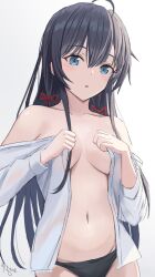 1girl :o ahoge bad_id bad_twitter_id bare_shoulders black_hair black_panties blue_background blue_eyes blush breasts collarbone gradient_background hair_ribbon highres long_hair looking_at_viewer may9 medium_breasts navel no_bra off_shoulder open_clothes open_shirt panties red_ribbon ribbon shirt signature solo underwear upper_body white_shirt yahari_ore_no_seishun_lovecome_wa_machigatteiru. yukinoshita_yukino