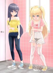 2girls absurdres aqua_eyes arm_at_side bathroom black_hair blonde_hair blue_eyes blue_footwear blue_pants blush bow breasts breath collarbone commission cross-laced_footwear day denim door dress embarrassed female_focus flat_chest frilled_shirt frilled_shorts frills fujisawa_yuzu full_body hair_bow hair_flaps hand_up highres holding_own_arm indoors jeans long_hair misumi_aoi multiple_girls nose_blush off-shoulder_dress off_shoulder ongeki open_mouth pants pee peeing peeing_self peeing_together pink_background pink_shirt puddle puffy_short_sleeves puffy_sleeves raised_eyebrows reflection shirt shirt_tucked_in shoes short_shorts short_sleeves shorts sidelocks skeb_commission small_breasts standing suspender_shorts suspenders tears thighhighs tile_floor tile_wall tiles two_side_up urabe_miyabi wet_pants white_shorts white_thighhighs window yellow_shirt yellow_shoes