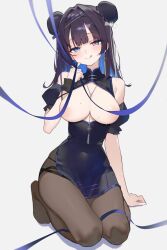 1girl :q areola_slip black_dress black_hair blue_eyes blue_hair blue_ribbon blush breasts breasts_out bun_cover china_dress chinese_clothes double_bun dress earrings grey_background hair_bun harenchi highres indie_virtual_youtuber jewelry long_hair looking_at_viewer medium_breasts multicolored_eyes multicolored_hair necklace necklace_between_breasts pantyhose ribbon simple_background single_earring sitting solo tongue tongue_out uyuyu_yuru virtual_youtuber