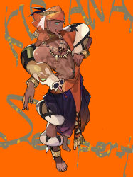 1boy alternate_costume anklet bare_pectorals barefoot black_hair bracelet character_name commentary_request dark-skinned_male dark_skin earrings fang gen_8_pokemon green_eyes half-closed_eyes highres jewelry looking_to_the_side male_focus natsuko_(summer_525528) navel_piercing necklace nintendo orange_background orange_headwear pectorals piercing pokemon pokemon_(creature) pokemon_swsh raihan_(pokemon) sandaconda smile snake toes tongue tongue_out tooth_necklace