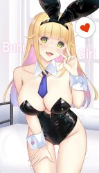 Rule 34 | 1girl, animal ear hairband, animal ears, bed, bedroom, black leotard, blonde hair, blue necktie, collarbone, detached collar, fake animal ears, green eyes, hairband, hand on own hip, hataraki kuma, heart, highres, leotard, long hair, necktie, original, playboy bunny, rabbit ears, smile, solo, spoken heart, strapless, strapless leotard, v, v over eye, wrist cuffs