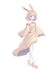 Rule 34 | 1girl, animal ears, blonde hair, blue eyes, bow, bow skirt, closed mouth, commentary request, dancer rabbit, detached sleeves, flat chest, full body, hair intakes, highres, looking afar, midriff, nail polish, navel, orange bow, orange nails, platform footwear, platform heels, platform sandals, rabbit and steel, rabbit ears, rabbit girl, sandals, short bangs, short hair, shotani ohei, simple background, skirt, sleeve bow, smile, solo, strapless, toenail polish, toenails, tube top, walking, white background, yellow sandals, yellow skirt, yellow sleeves, yellow tube top