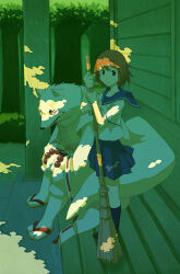 1girl bamboo_broom beads broom brown_hair closed_mouth furry furry_male furry_with_non-furry gingitsune_(ochiai_sayuri) gintarou green_theme holding holding_broom interspecies outdoors pleated_skirt prayer_beads saeki_makoto sandals school_uniform serafuku short_hair short_sleeves sitting sitting_on_stairs skirt socks stairs standing summer wolf_boy yow