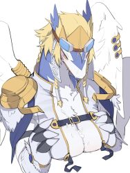 1girl blonde_hair blue_fur body_fur breasts character_request claws coat cum cum_on_body dragon_girl feathered_wings furry furry_female genderswap genderswap_(mtf) goggles goggles_on_head highres hufy large_breasts legendz shoulder_pads simple_background upper_body white_background white_coat white_fur white_wings wings yellow_eyes