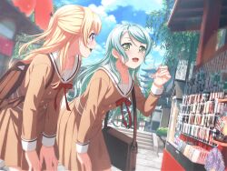 Rule 34 | 2girls, anime coloring, aqua hair, arched back, bag, bang dream!, blonde hair, blue sky, blush, brown dress, building, buttons, cloud, collarbone, day, double-breasted, dress, dutch angle, eye contact, from side, green eyes, half updo, hanasakigawa school uniform, hand on own knee, hand up, hands on own knees, hikawa sayo, holding, hunched over, kyoto, lens flare, light particles, long hair, long sleeves, looking at another, looking to the side, multiple girls, neck ribbon, official art, oil-paper umbrella, open mouth, outdoors, profile, purple eyes, red ribbon, red umbrella, ribbon, road, sailor dress, school bag, school uniform, shirasagi chisato, shoulder bag, sky, smile, stone walkway, storefront, teeth, temple, tree, umbrella, upper teeth only, willow, winter uniform