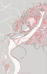 Rule 34 | 1other, androgynous, arms up, artist name, bikini, collarbone, curly hair, highres, houseki no kuni, interlocked fingers, long hair, looking at viewer, nukumorineko, other focus, padparadscha (houseki no kuni), red eyes, red hair, swimsuit, untied bikini, very long hair