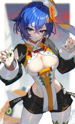 Rule 34 | 1girl, adapted costume, bangboo (zenless zone zero), belle (delicate sunlight) (zenless zone zero), belle (zenless zone zero), between breasts, black shorts, blue hair, breasts, cleavage, closed mouth, commentary request, crossed bangs, eous (zenless zone zero), fingernails, green eyes, green nails, hat, jiangshi, large breasts, nail polish, official alternate costume, ofuda, pantyhose, scottie (phantom2), short hair, shorts, solo, standing, white pantyhose, zenless zone zero