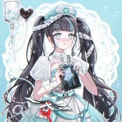 1girl aqua_belt aqua_bow aqua_dress aqua_eyes aqua_hair aqua_hat arrow_(symbol) bandaged_wrist bandages bandaid bandaid_on_cheek bandaid_on_face bandaid_on_nose bear black_hair blood blood_bag blue_background blunt_bangs bow braid chazui_ranyi cleavage_cutout clothing_cutout cowboy_shot dress eyelashes frilled_headwear gloves half_gloves half_up_braid happy hat heart heart_print highres holding holding_notepad intravenous_drip lace lace_background lace_ribbon layered_dress light_blush long_hair looking_at_viewer miracle_nikki multicolored_hair nikki_(series) notepad nurse nurse_cap outline pleated_dress puffy_short_sleeves puffy_sleeves recycling_symbol ribbon short_sleeves single_glove solo sparkle sparkling_eyes standing streaked_hair striped_clothes striped_dress sugarplum_healer_(miracle_nikki) tenshi_kaiwai turtleneck turtleneck_dress twintails two-tone_hair vertical-striped_clothes vertical-striped_dress very_long_hair white_blood white_dress white_outline white_ribbon x-ray