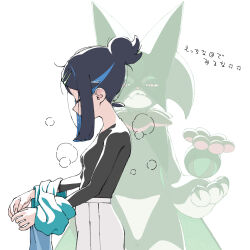 1girl black_hair black_shirt black_undershirt blue_hair boko_(maniacpurple) closed_eyes hair_bun hair_ornament hairclip highres liko_(pokemon) long_sleeves medium_hair meowscarada messy_hair multicolored_hair nintendo partially_undressed pokemon pokemon_(anime) pokemon_(creature) pokemon_horizons profile shirt shorts steam steaming_body two-tone_hair undressing white_shorts