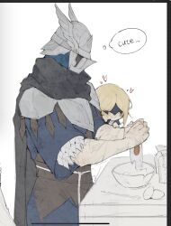 Rule 34 | 1boy, 1girl, 8989dfc8050a456, armor, ascot, blindfold, blonde hair, blue surcoat, brother and sister, duchess (elden ring), elden ring, elden ring nightreign, eye mask, food, gloves, highres, holding, holding weapon, long hair, siblings, weapon, white ascot, white gloves, wylder (elden ring)