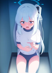 Rule 34 | 1girl, blue archive, blue buruma, blue halo, blush, breasts, buruma, commentary request, gym shirt, gym uniform, halo, hand on own stomach, highres, holding, holding pregnancy test, implied pregnancy, indoors, long hair, miyako (blue archive), on toilet, open mouth, pregnancy test, purple eyes, shirt, short sleeves, sitting, solo, thighs, toilet, tongue, white shirt, yu-ta