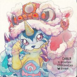 Rule 34 | blue fur, chibicheu, digimon, digimon (creature), gabumon, horns, red eyes, sharp teeth, simple background, single horn, solo, teeth, twitter username, upper body, white background, yellow scales