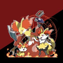 Rule 34 | :d, animal ear fluff, animal focus, blacknirrow, book, braixen, branch, closed mouth, delphox, evolutionary line, fennekin, fire, floating, floating book, floating object, gen 6 pokemon, highres, holding, holding branch, nintendo, no humans, open book, open mouth, orange eyes, outline, pokemon, pokemon (creature), simple background, skull, smile, two-tone background, white outline