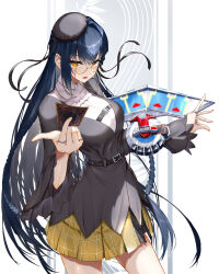 Rule 34 | 1girl, absurdres, beret, black hat, black shirt, blue eyes, card, chest belt, duel disk, hat, highres, hirano masatoshi, holding, holding card, jewelry, long hair, looking at viewer, nijisanji, official alternate costume, open mouth, ring, shirt, skirt, solo, trading card, very long hair, virtual youtuber, yamagami karuta, yamagami karuta (3rd costume), yellow eyes, yellow skirt, yu-gi-oh!