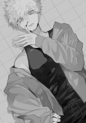 1boy arm_up bakugou_katsuki blood blood_on_face boku_no_hero_academia closed_mouth commentary_request cowboy_shot drawstring fingernails greyscale grid_background hand_on_own_hip highres hood hooded_jacket jacket jacket_partially_removed long_sleeves looking_ahead male_focus monochrome neminemisho nosebleed open_clothes open_jacket pants short_hair sleeveless solo spiked_hair tank_top upper_body