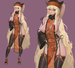 1girl absurdres arm_behind_head armpits black_hat black_panties blonde_hair constellation_print corset detached_sleeves gluteal_fold hair_between_eyes hand_on_own_hip hat highres long_hair looking_at_viewer matara_okina midriff navel nipples orange_tabard panties rewinderon simple_background solo sun_symbol tabard thighhighs touhou underwear wide_sleeves yellow_eyes