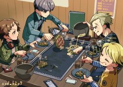 :q blonde_hair bowl chopsticks closed_eyes commentary_request cup ear_piercing eating food food_on_face griddle hanamura_yousuke headphones headphones_around_neck highres holding holding_chopsticks holding_food indoors jacket kuma_(persona_4) multiple_boys narukami_yu persona persona_4 piercing plate shirt spiked_hair ssd_h2p7 tatsumi_kanji teppanyaki tongue tongue_out twitter_username