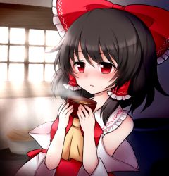 1girl arm_ribbon ascot black_hair blush bow bowl breasts day female_focus food frilled_bow frilled_shirt_collar frills hair_bow hair_tubes hakurei_reimu holding holding_bowl indoors light_rays looking_afar parted_lips red_eyes red_shirt ribbon room shiohachi shirt short_hair sleeveless sleeveless_shirt small_breasts solo soup steam sunlight touhou window