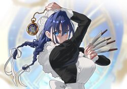 1girl absurdres apron arm_up between_fingers blue_eyes blue_hair braid breasts commentary daaku_(koizumi_arata) frilled_apron frills from_side hair_between_eyes hair_ribbon hat highres holding hololive hololive_english juliet_sleeves knife large_breasts light_blush long_hair long_sleeves maid maid_apron mob_cap official_alternate_costume ouro_kronii ouro_kronii_(maid) parted_lips pocket_watch puffy_sleeves ribbon serious solo twin_braids upper_body virtual_youtuber watch white_apron white_ribbon