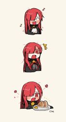 1girl closed_eyes drooling fate/grand_order fate_(series) fire food goma1021 hair_over_one_eye highres long_hair musical_note oda_nobunaga_(fate) oda_nobunaga_(maou_avenger)_(fate) onigiri open_mouth plate red_eyes red_hair simple_background solo surprised sweatdrop