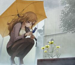 1girl black_pantyhose blonde_hair blouse breasts cellphone cloud cloudy_sky collarbone expressionless flip_phone flower from_below game_cg glasses grey_sky hair_between_eyes high_heels highres holding holding_phone holding_umbrella huke jitome kiryuu_moeka leaf long_hair long_sleeves medium_breasts miniskirt non-web_source office_lady official_art outdoors pantyhose phone pink_eyes rain ringed_eyes shirt shoes skirt sky solo squatting steins;gate steins;gate_0 taking_picture tree umbrella white_shirt white_shoes