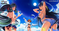 3girls absurdres ahoge armpits arms_behind_head arms_up ass ayane_sakura_(ayane_939) back bare_shoulders bikini black_bikini black_hair blonde_hair blue_bikini blue_skirt blue_sky breasts cleavage dark-skinned_female dark_skin fate/grand_order fate_(series) fujimaru_ritsuka_(female) green_eyes green_hair hair_between_eyes highres long_hair long_sleeves looking_at_viewer looking_back medium_breasts microskirt multicolored_hair multiple_girls navel one_eye_closed open_mouth orange_eyes orange_hair puckered_lips red_bikini red_hair shirt short_hair sidelocks skirt sky smile streaked_hair swept_bangs swimsuit trung_nhi_(fate) trung_trac_(fate) wavy_hair white_shirt yellow_eyes