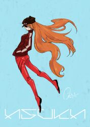 1girl absurdly_long_hair aqua_background artist_request ass baseball_cap bodysuit bodysuit_under_clothes breasts character_name evangelion:_3.0_you_can_(not)_redo eyepatch floating_hair hands_in_pockets hat highres interface_headset_(evangelion) jacket long_hair mecha_pilot_suit neon_genesis_evangelion plugsuit_(evangelion) rebuild_of_evangelion red_bodysuit shiny_clothes signature simple_background solo souryuu_asuka_langley standing track_jacket two_side_up very_long_hair wide_hips