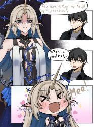 &gt;_&lt; 1boy 1girl black_collar black_dress black_hair black_jacket blonde_hair blue_eyes blue_hair blush closed_mouth collar colored_inner_hair commentary crown_of_thorns dress earrings english_commentary english_text fleurdelys_(wuthering_waves) floating_earrings grey_shirt hand_on_own_hip hands_up highres horns jacket jewelry long_hair male_rover_(wuthering_waves) multicolored_hair necklace open_mouth out_of_character rover_(wuthering_waves) shirt single_horn smile tabard very_long_hair west_(user_frmf8438) white_tabard wuthering_waves yellow_eyes yellow_horns