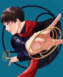 Rule 34 | 1boy, black jacket, blue background, brown hair, crossed arms, door handle, dual wielding, egg 09plant, facial scar, foreshortening, holding, jacket, kunato hyouma, male focus, mononogatari, red scarf, scar, scar on cheek, scar on face, scarf, short hair, solo, upper body