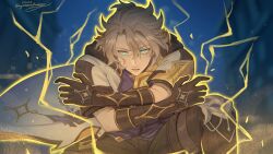 1boy absurdres albedo_(genshin_impact) artist_name aura black_gloves black_pants blonde_hair blue_eyes blue_shirt coat genshin_impact gloves hair_between_eyes highres looking_at_viewer medium_hair pants parted_lips sayonara_kuro shirt short_sleeves signature solo white_coat