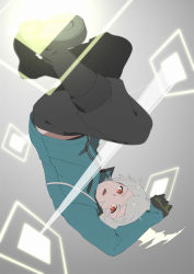 1boy :d arm_up black_boots black_gloves black_pants boots full_body gloves grey_background highres knee_boots kuga_yuuma long_sleeves male_focus midair midriff_peek open_mouth pants red_eyes silver_hair smile solo uniform upside-down world_trigger yawai_tofu